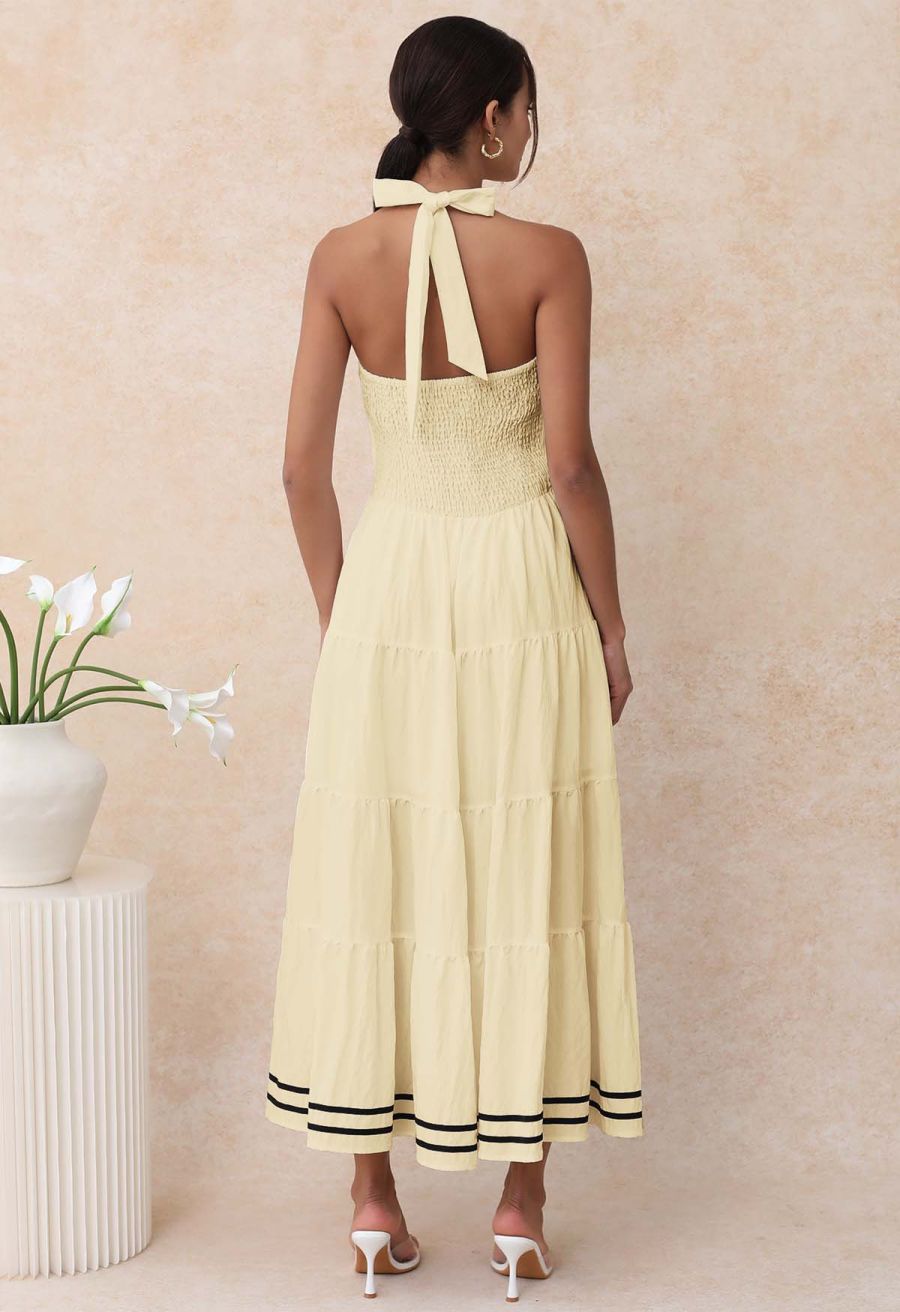 Striped Hem Self-Tie Halter Frilling Dress in Light Yellow