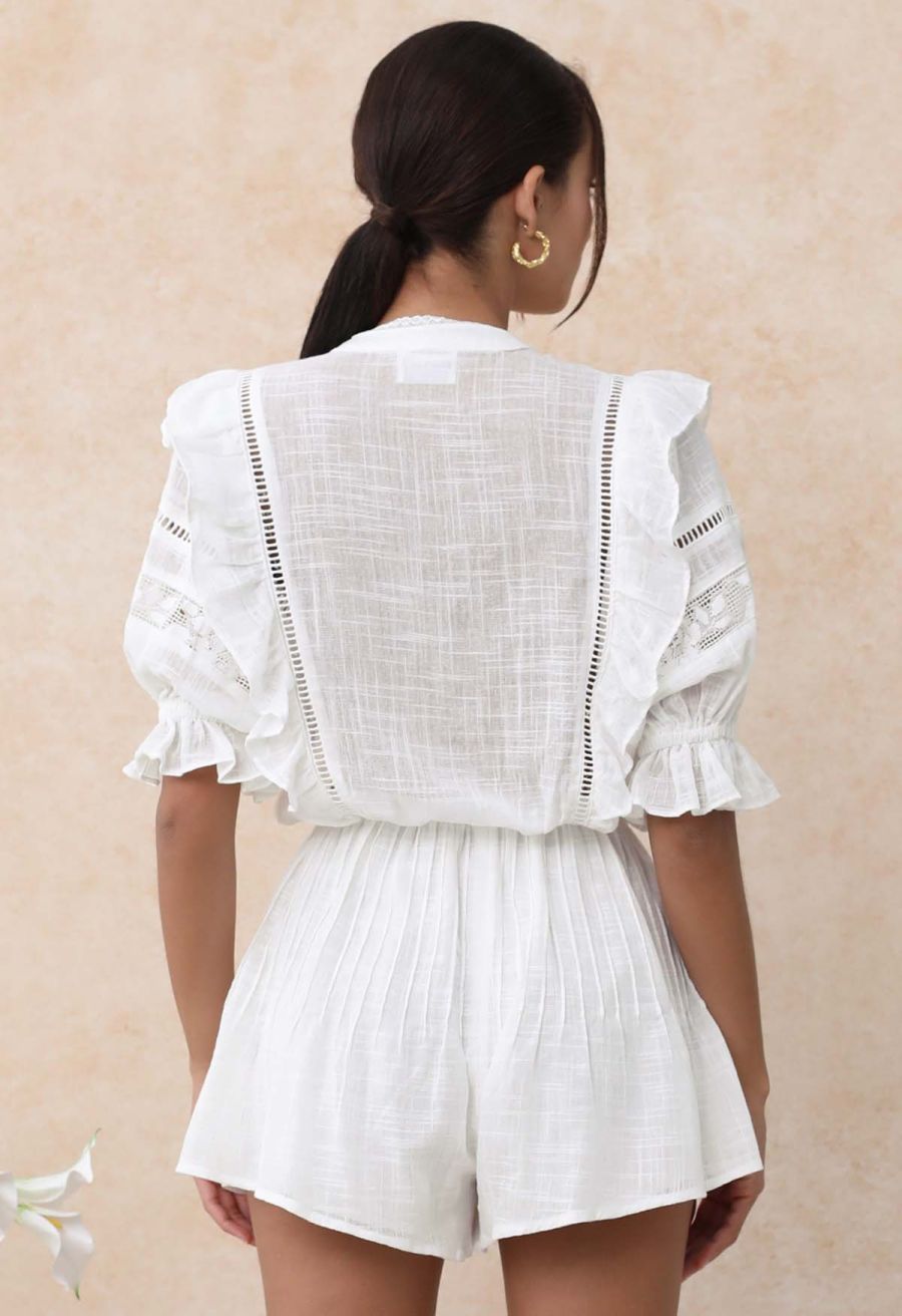 Beachy Vibes Eyelet Lace Inserted Cotton Playsuit in White