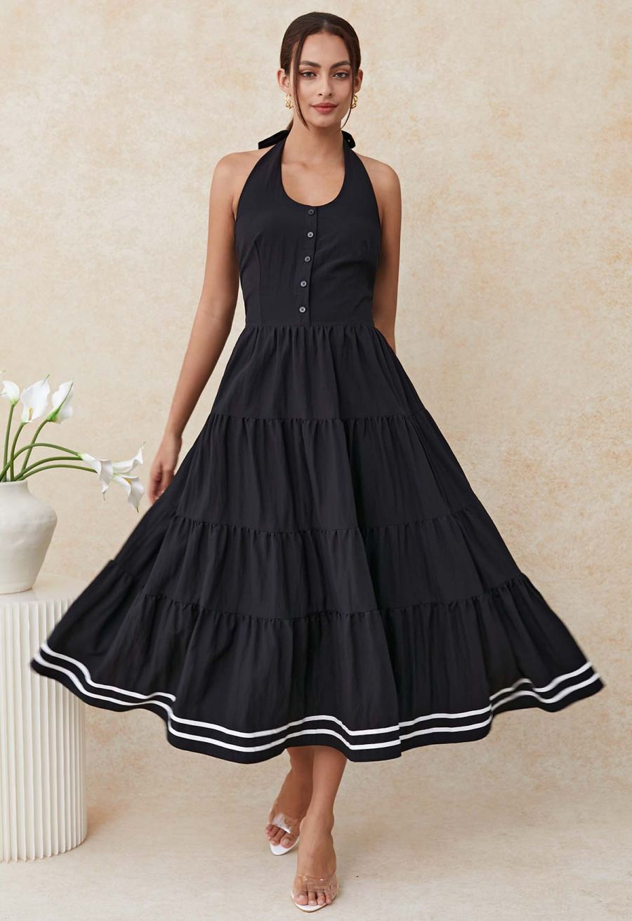 Striped Hem Self-Tie Halter Frilling Dress in Black