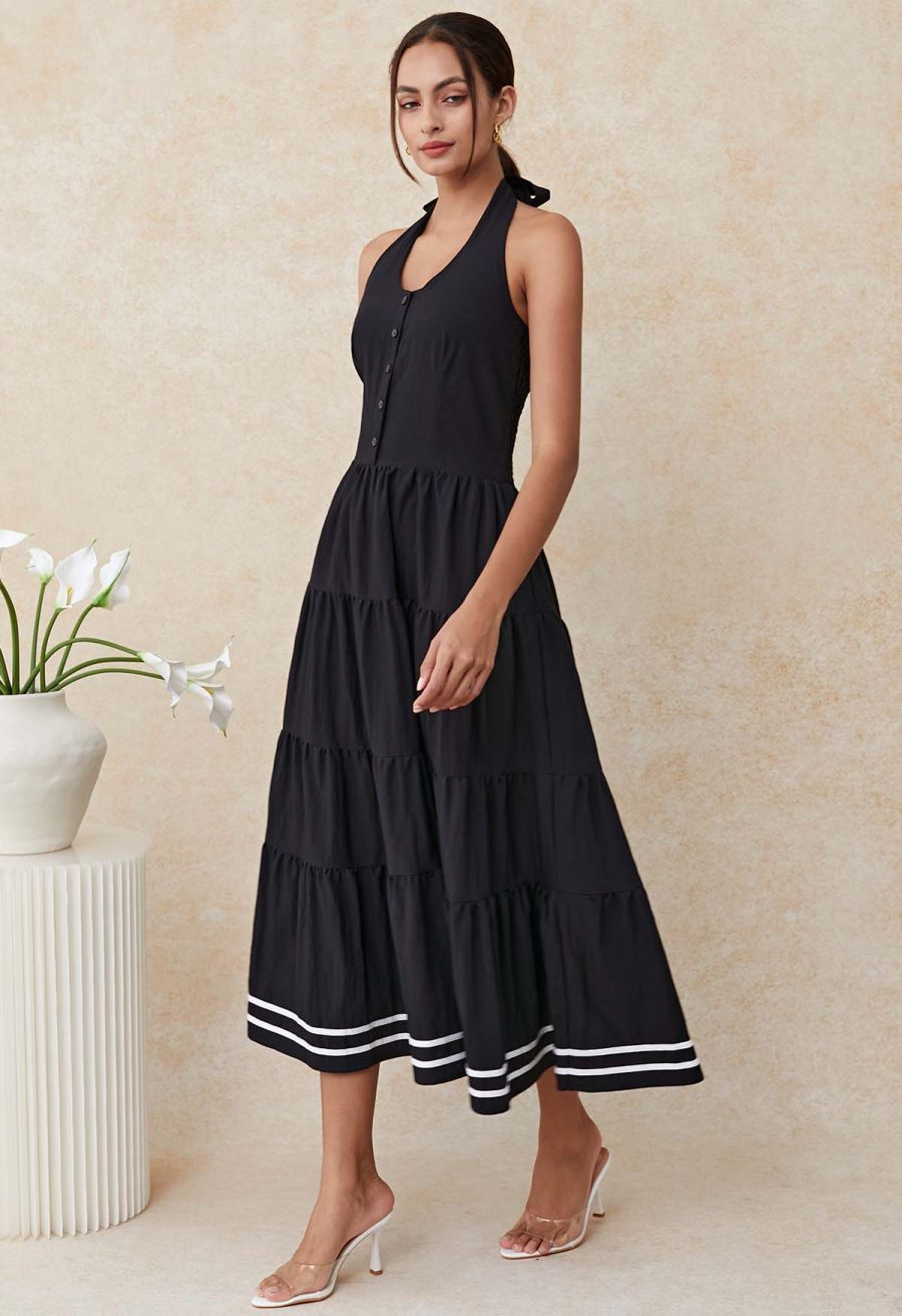 Striped Hem Self-Tie Halter Frilling Dress in Black