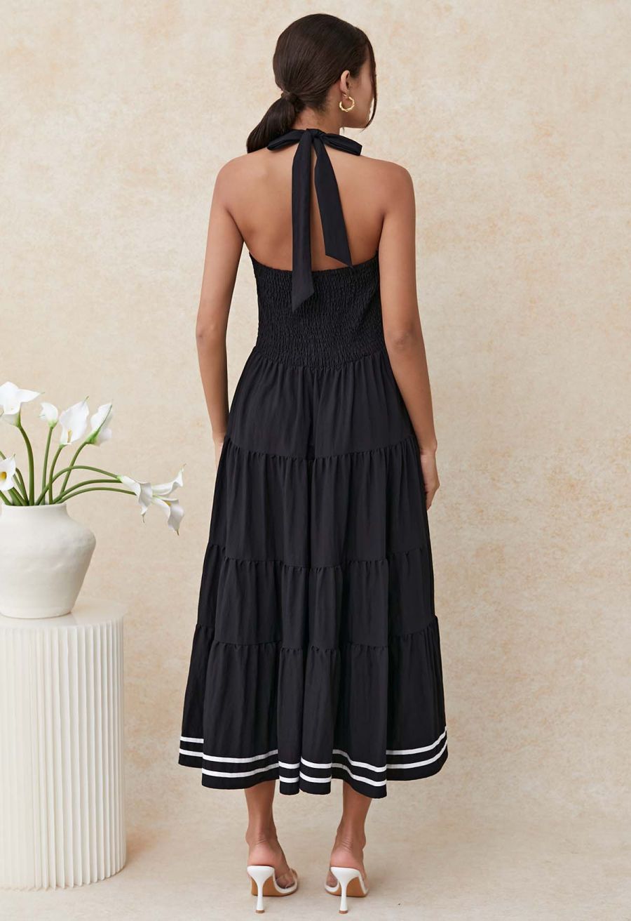 Striped Hem Self-Tie Halter Frilling Dress in Black