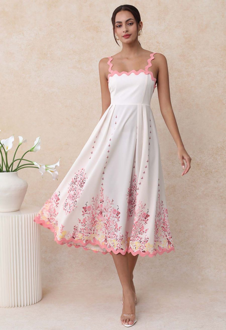 Pinky Wavy Floral Tie-Back Bowknot Cami Dress