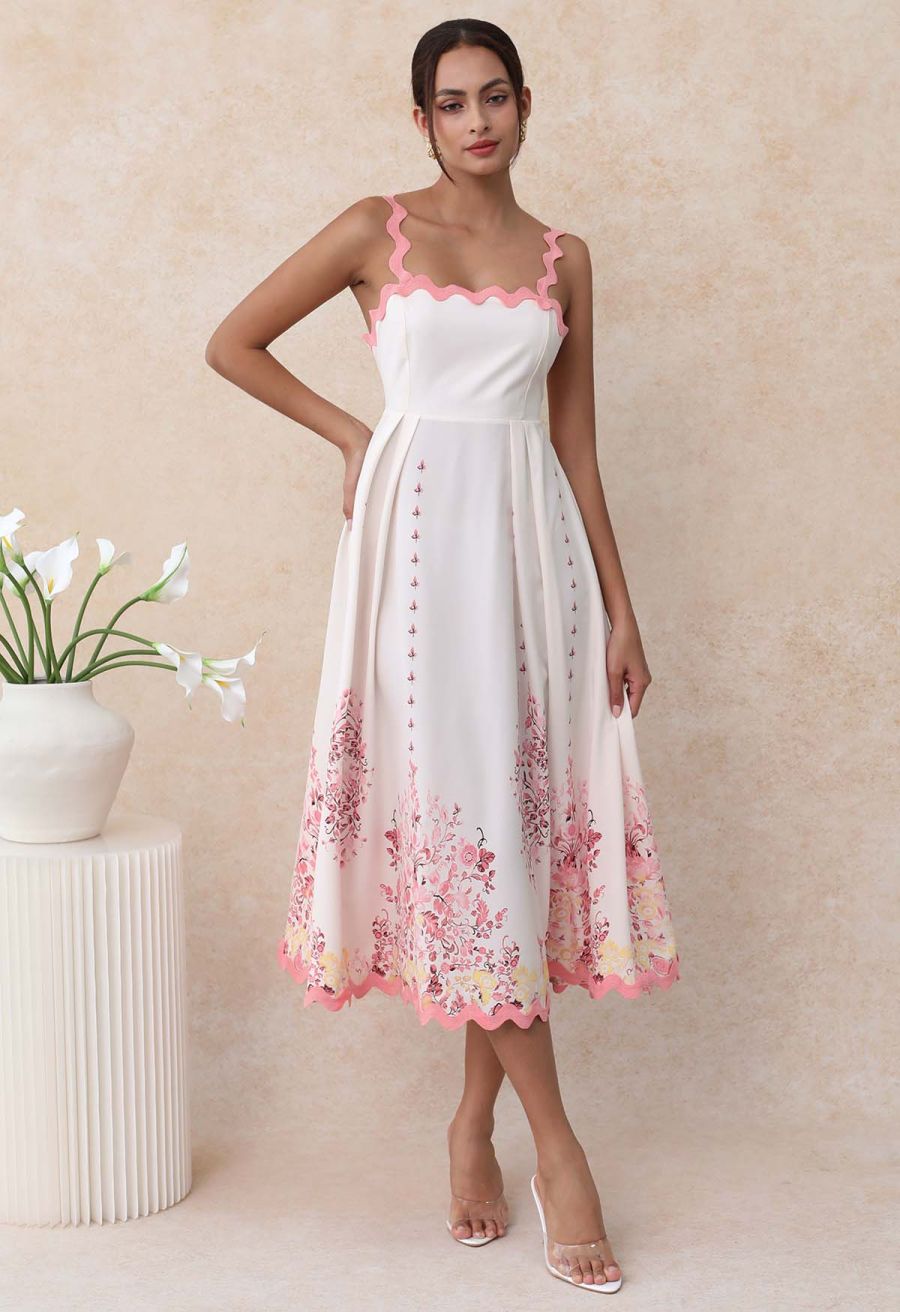 Pinky Wavy Floral Tie-Back Bowknot Cami Dress