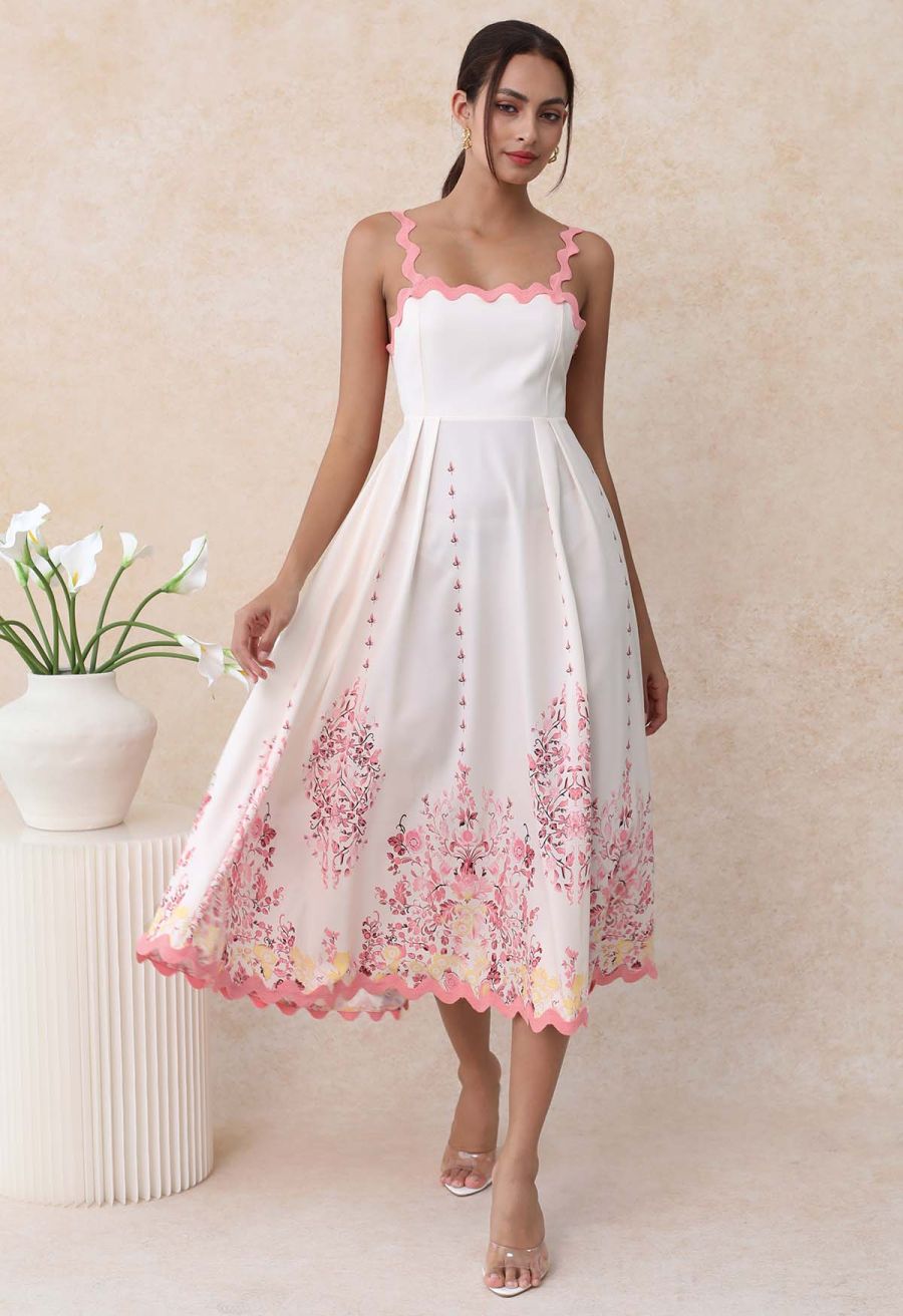 Pinky Wavy Floral Tie-Back Bowknot Cami Dress