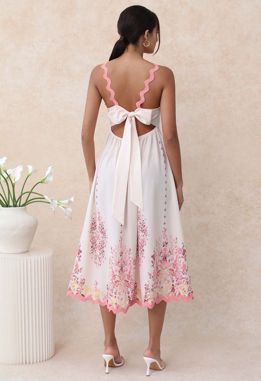 Pinky Wavy Floral Tie-Back Bowknot Cami Dress