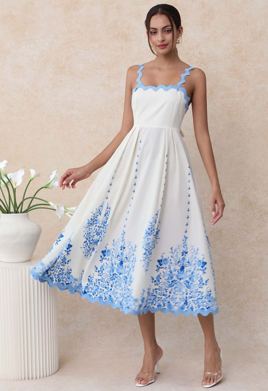 Sky Blue Wavy Floral Tie-Back Bowknot Cami Dress