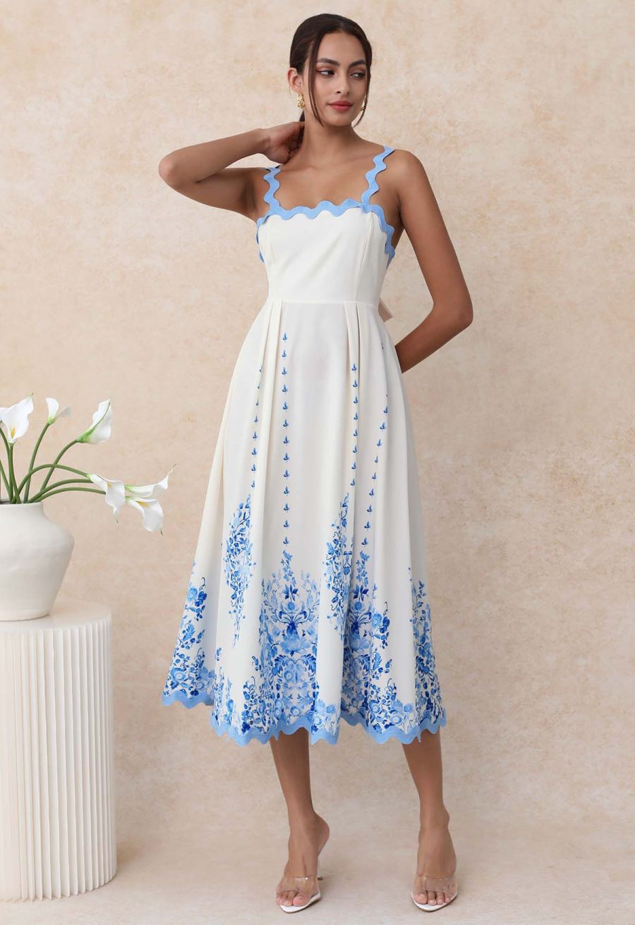 Sky Blue Wavy Floral Tie-Back Bowknot Cami Dress