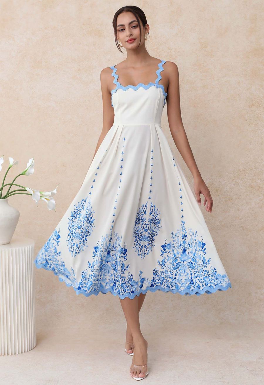 Sky Blue Wavy Floral Tie-Back Bowknot Cami Dress