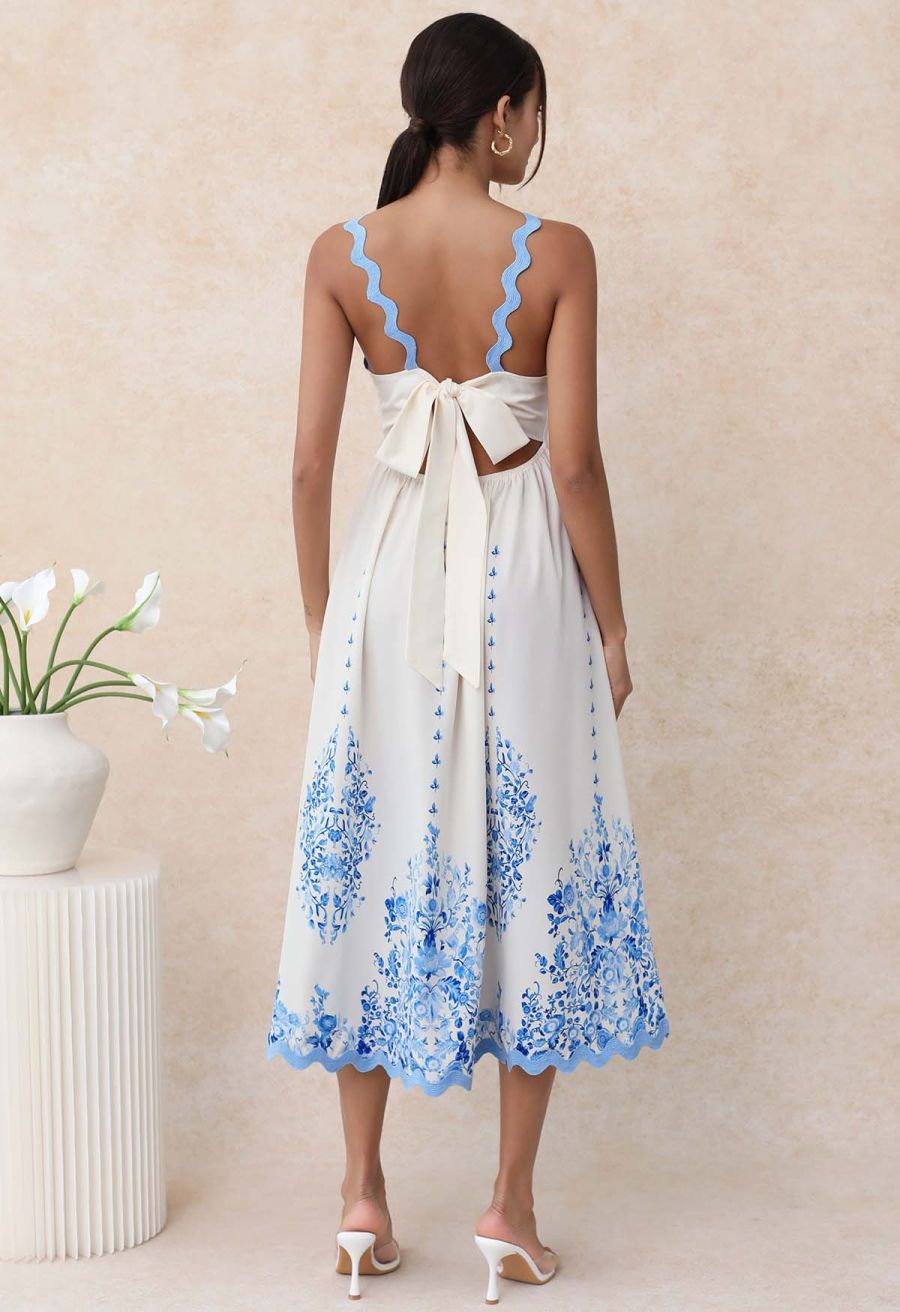 Sky Blue Wavy Floral Tie-Back Bowknot Cami Dress