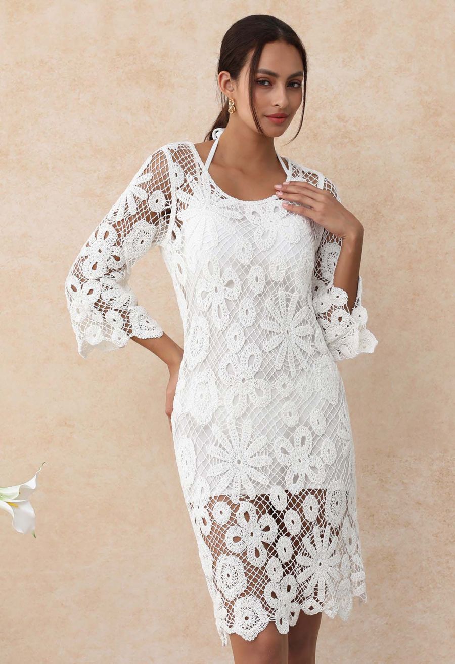 Floral Cutwork Grid Crochet Cover Up Dress in White