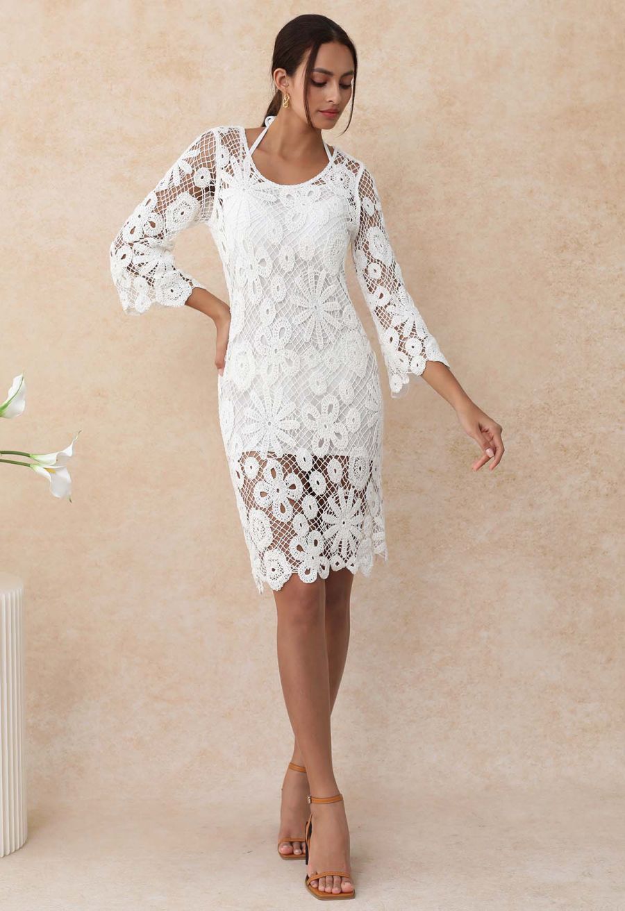 Floral Cutwork Grid Crochet Cover Up Dress in White
