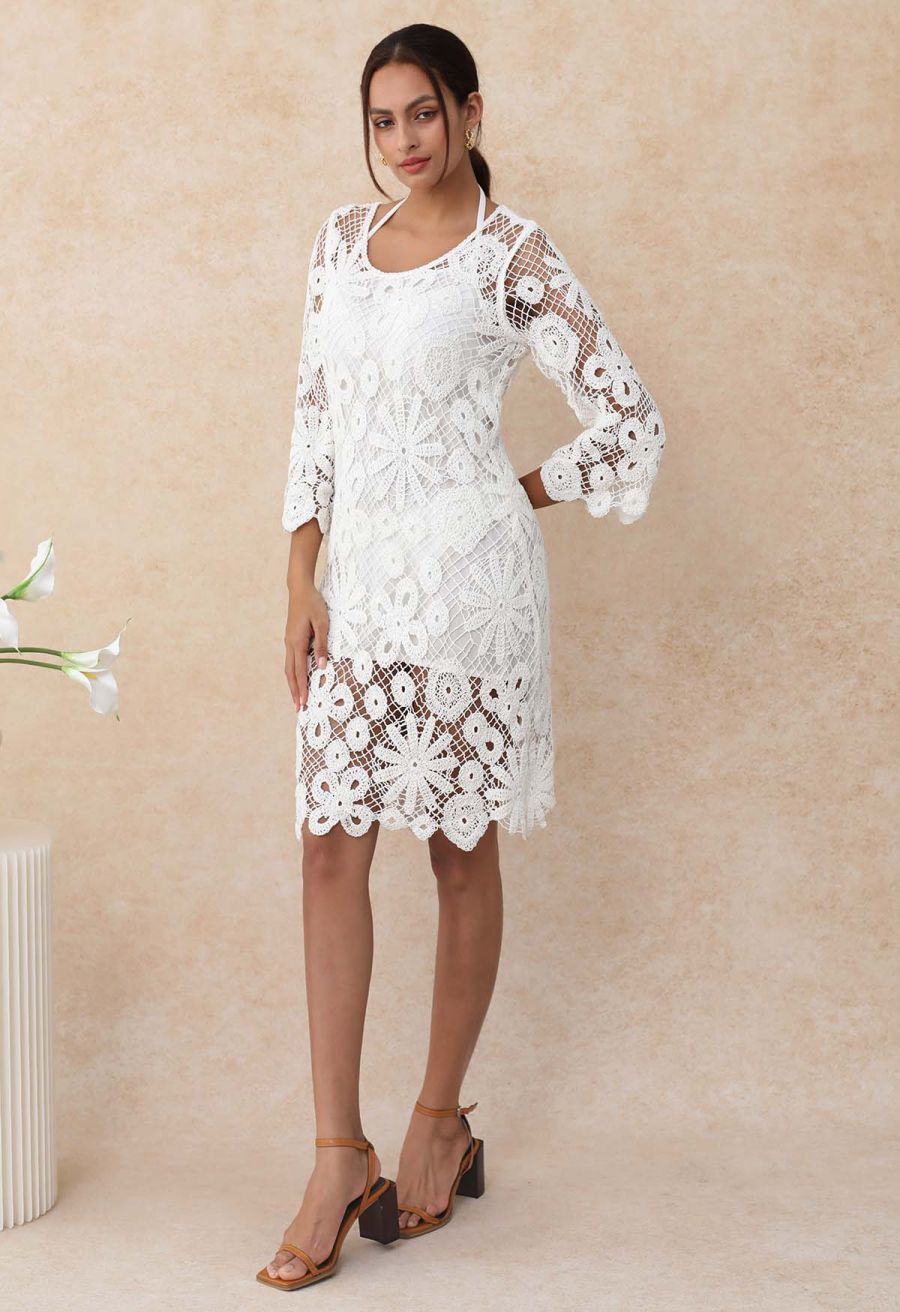 Floral Cutwork Grid Crochet Cover Up Dress in White