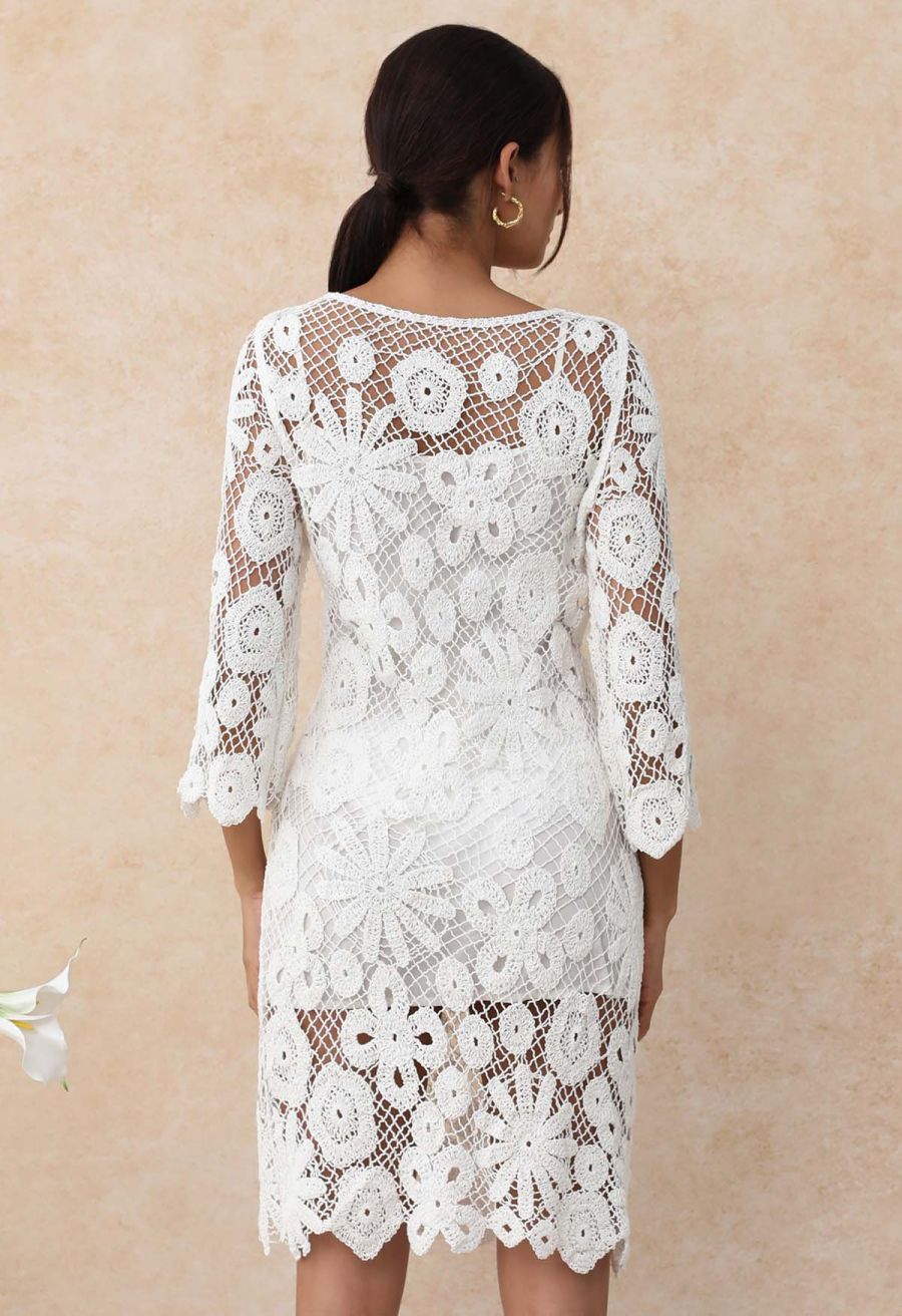 Floral Cutwork Grid Crochet Cover Up Dress in White