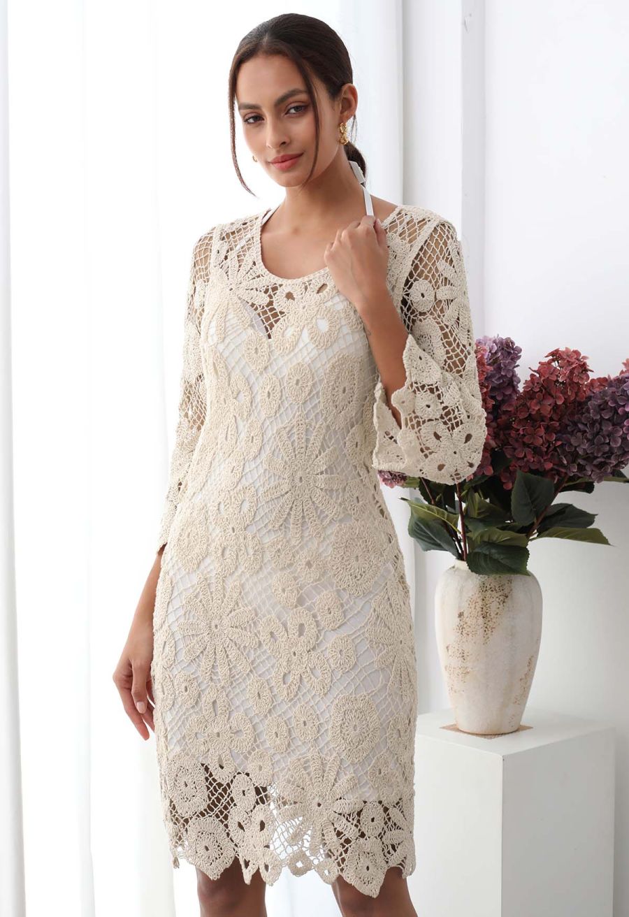 Floral Cutwork Grid Crochet Cover Up Dress in Sand