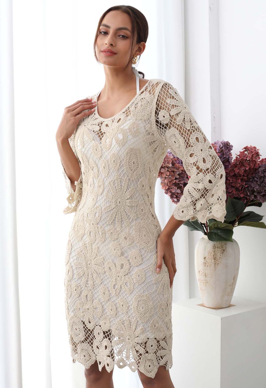Floral Cutwork Grid Crochet Cover Up Dress in Sand