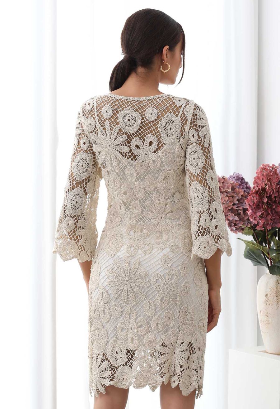 Floral Cutwork Grid Crochet Cover Up Dress in Sand
