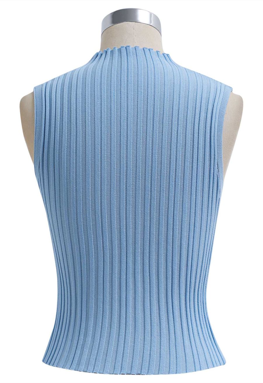 Mesh Inserted Mock Neck Ribbed Knit Tank Top in Blue