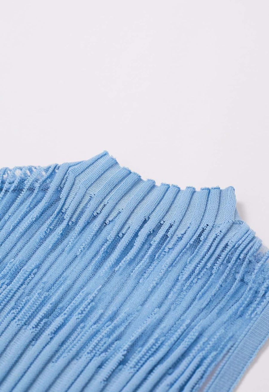 Mesh Inserted Mock Neck Ribbed Knit Tank Top in Blue