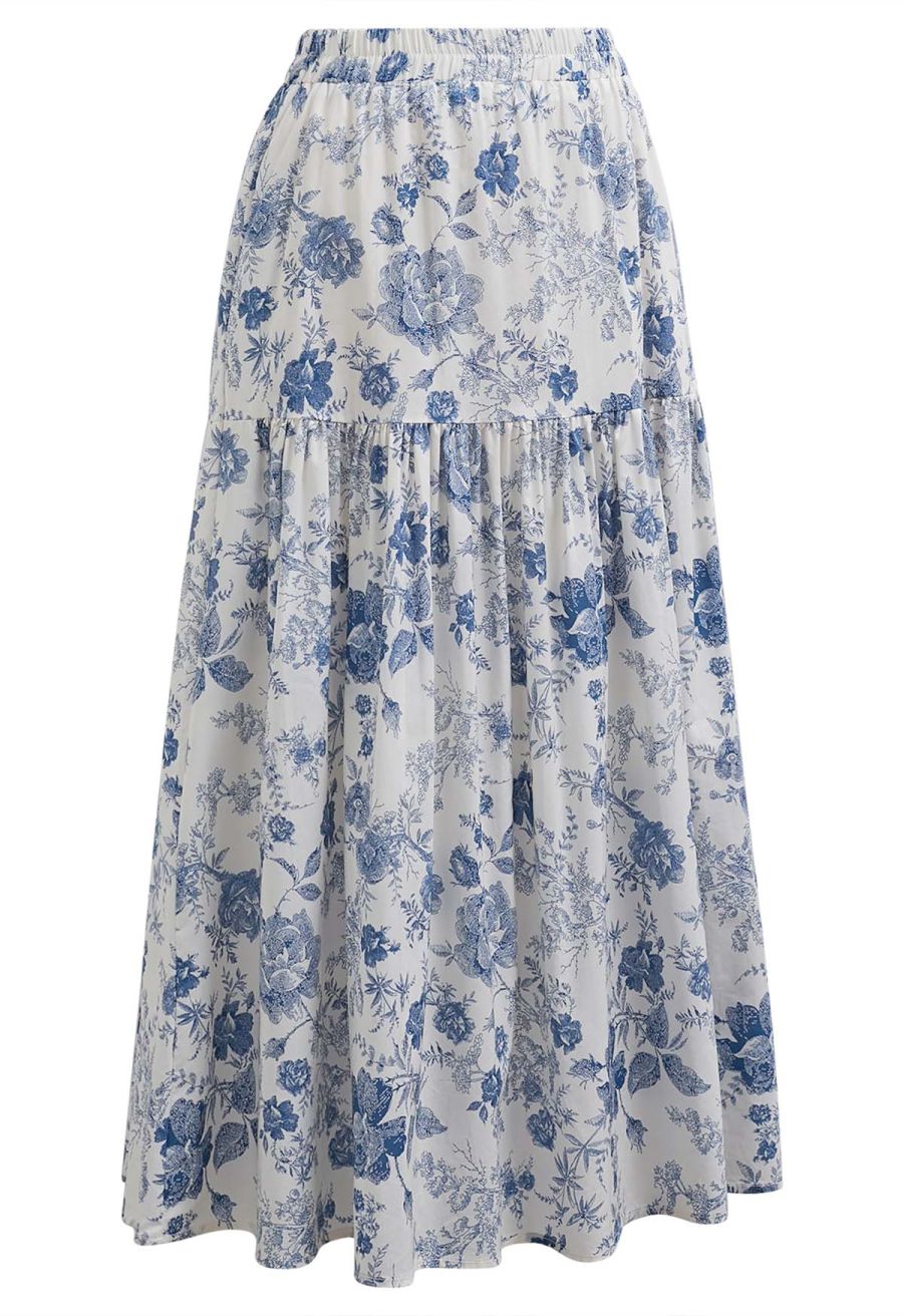 Blue Rose Printed Tiered Cotton Midi Skirt