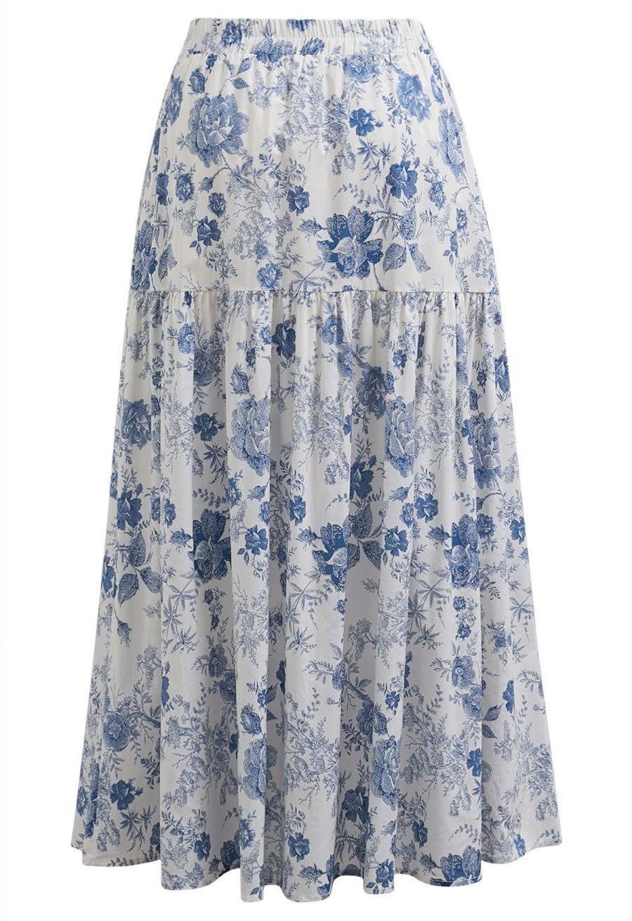 Blue Rose Printed Tiered Cotton Midi Skirt
