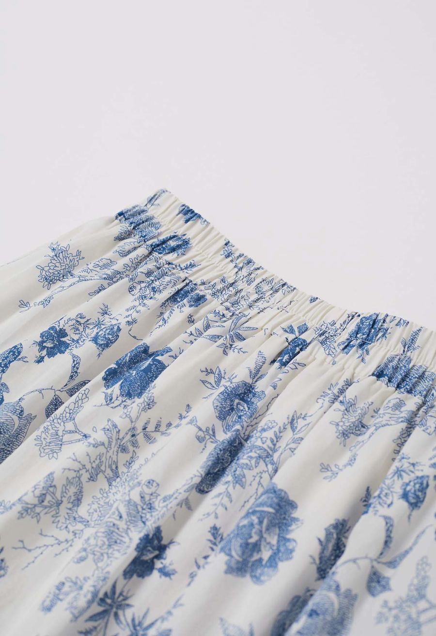 Blue Rose Printed Tiered Cotton Midi Skirt