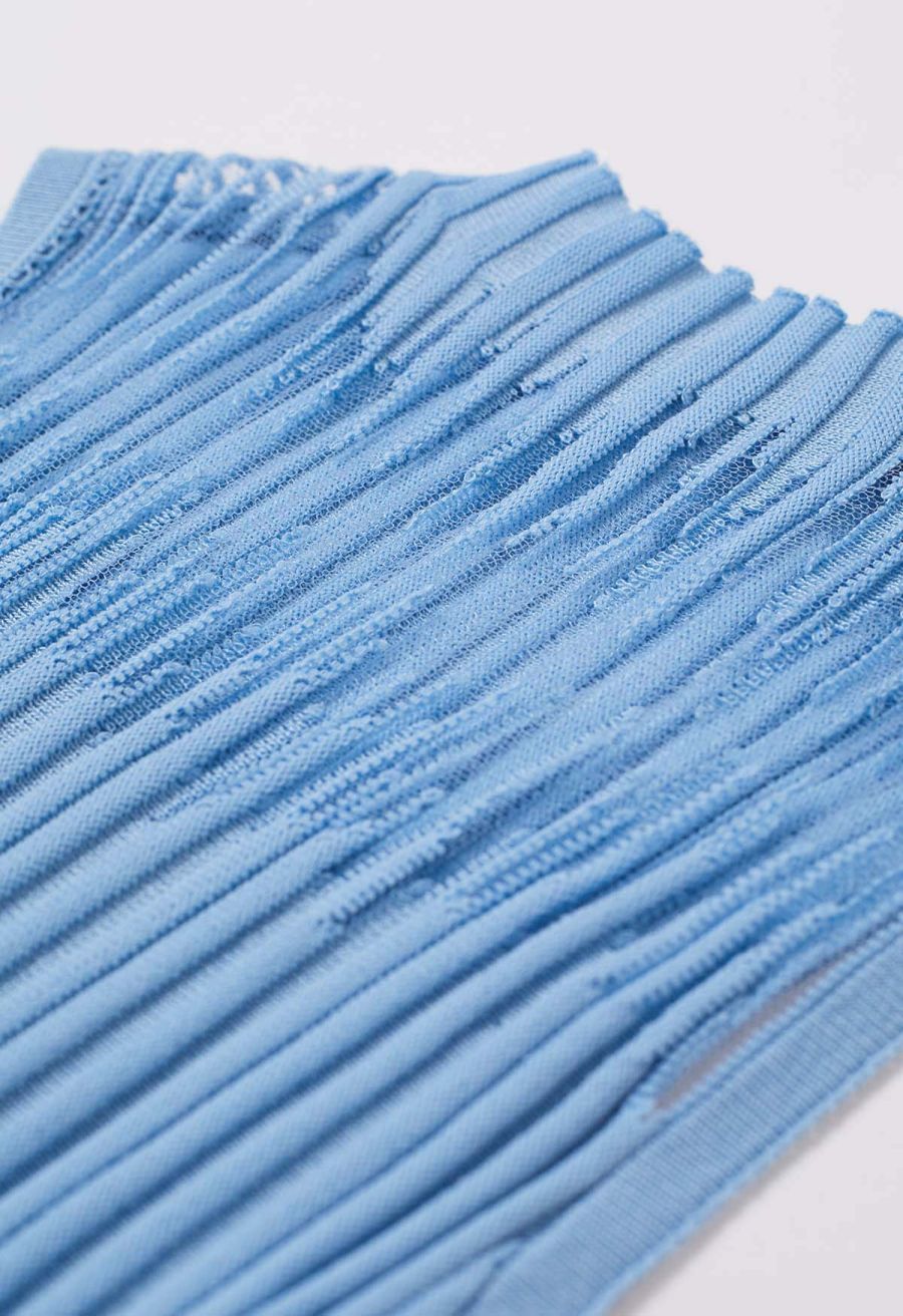 Mesh Inserted Mock Neck Ribbed Knit Tank Top in Blue