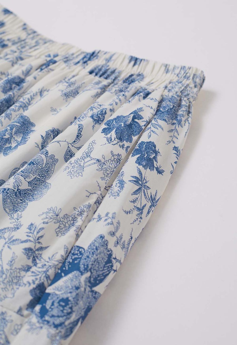 Blue Rose Printed Tiered Cotton Midi Skirt