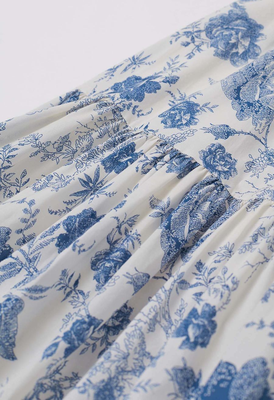 Blue Rose Printed Tiered Cotton Midi Skirt