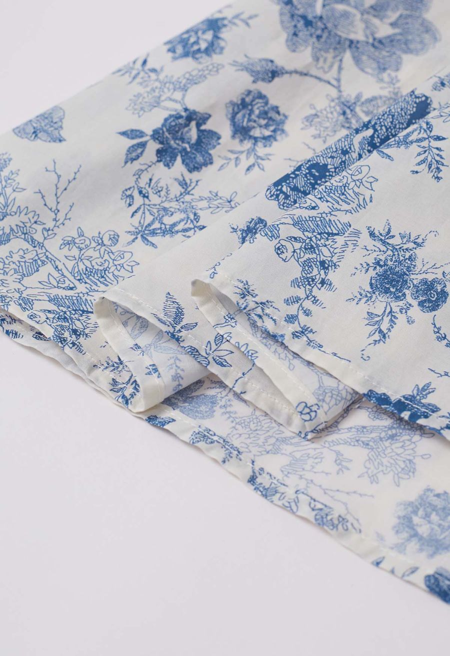 Blue Rose Printed Tiered Cotton Midi Skirt