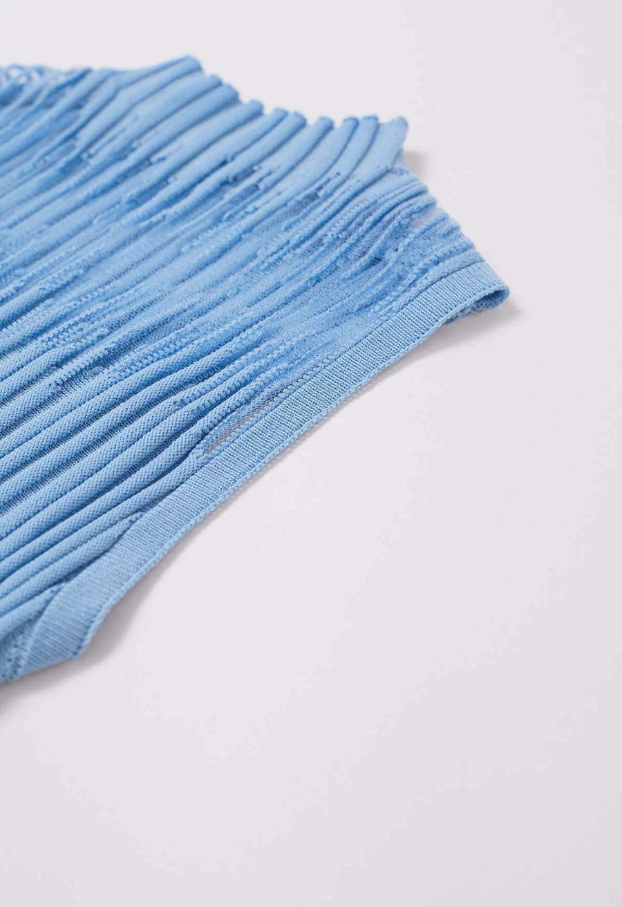 Mesh Inserted Mock Neck Ribbed Knit Tank Top in Blue