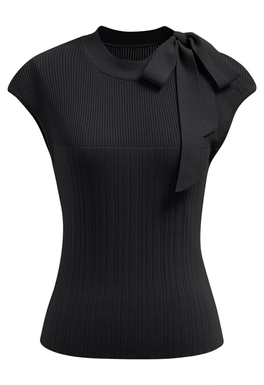 Bowknot Neck Sleeveless Knit Top in Black
