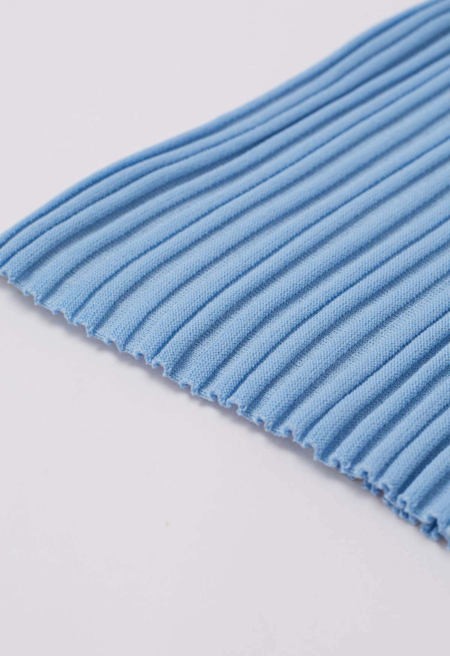 Mesh Inserted Mock Neck Ribbed Knit Tank Top in Blue