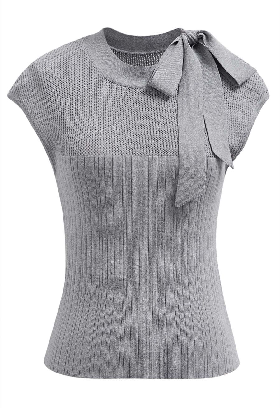 Bowknot Neck Sleeveless Knit Top in Grey