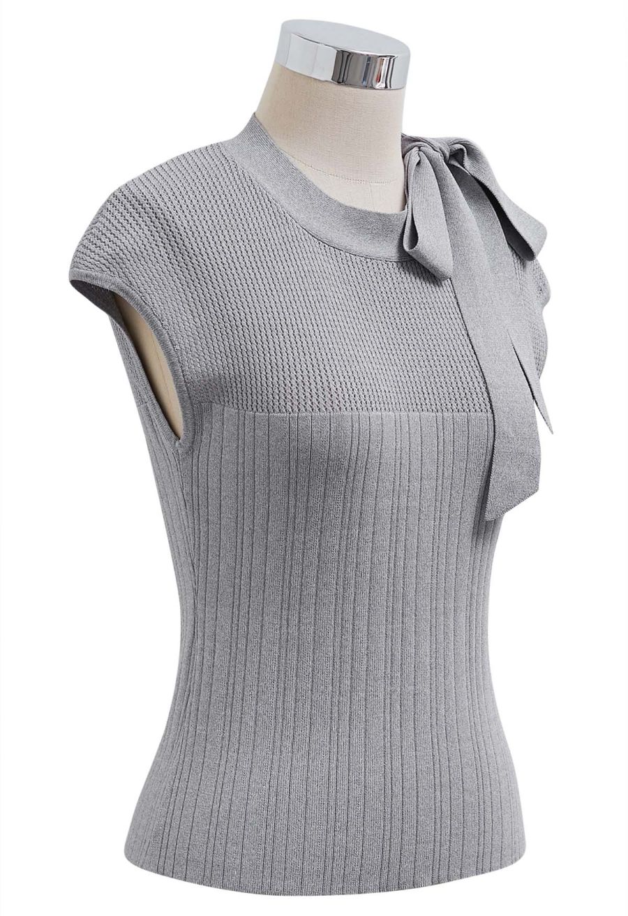 Bowknot Neck Sleeveless Knit Top in Grey