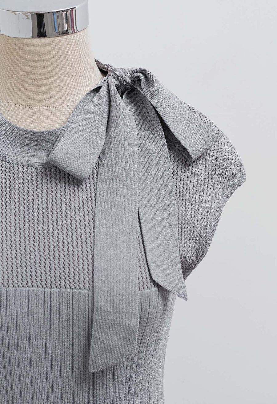 Bowknot Neck Sleeveless Knit Top in Grey