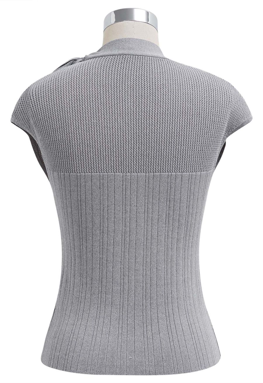 Bowknot Neck Sleeveless Knit Top in Grey