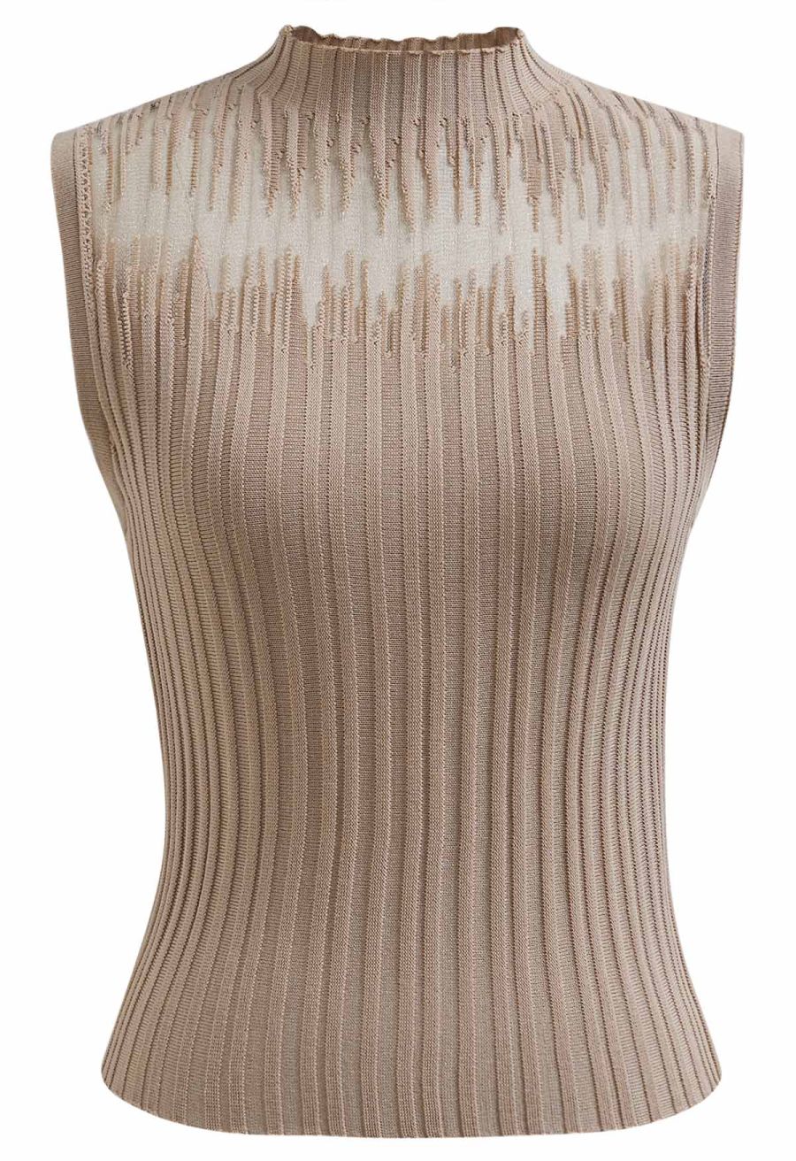 Mesh Inserted Mock Neck Ribbed Knit Tank Top in Tan
