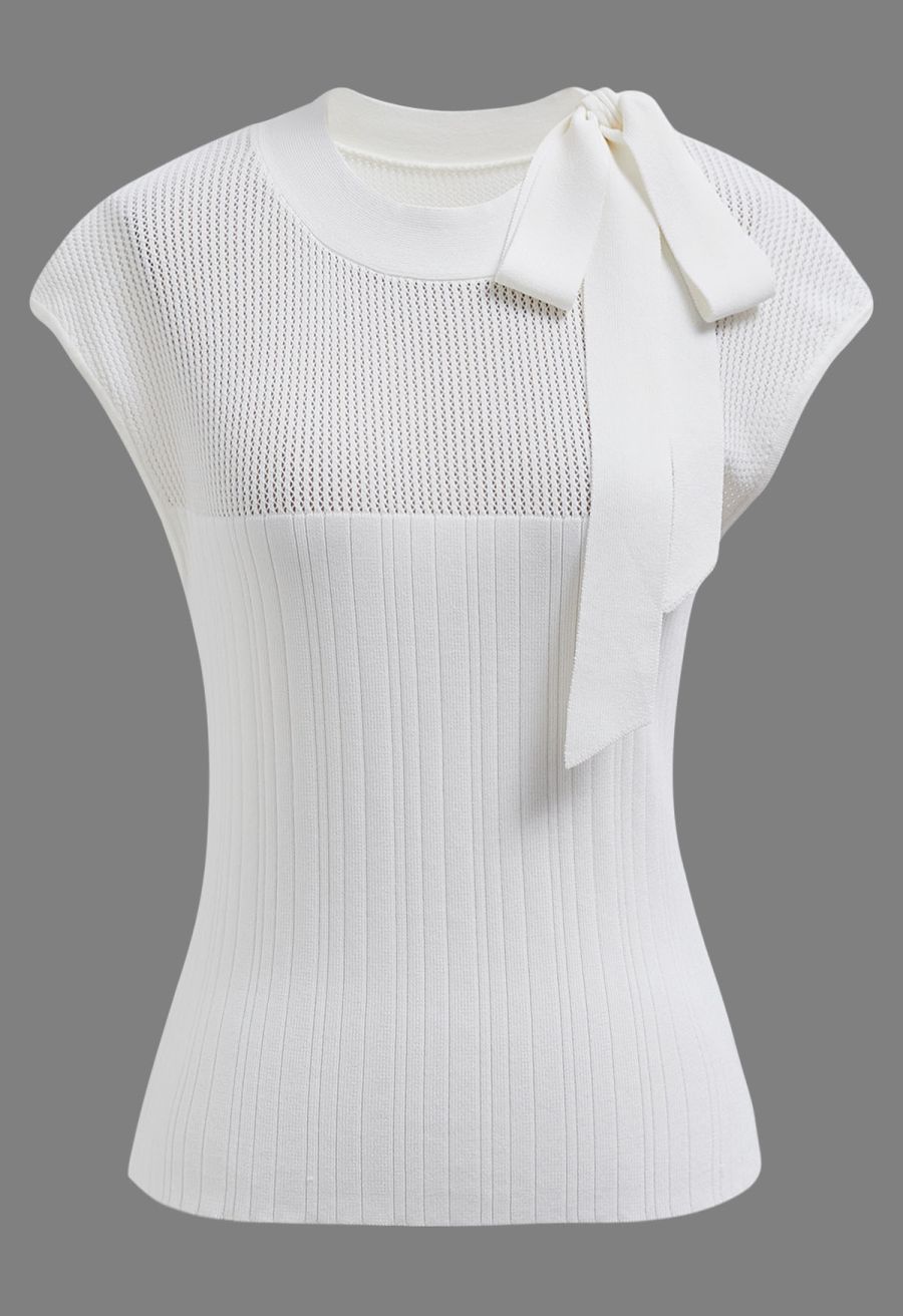 Bowknot Neck Sleeveless Knit Top in White