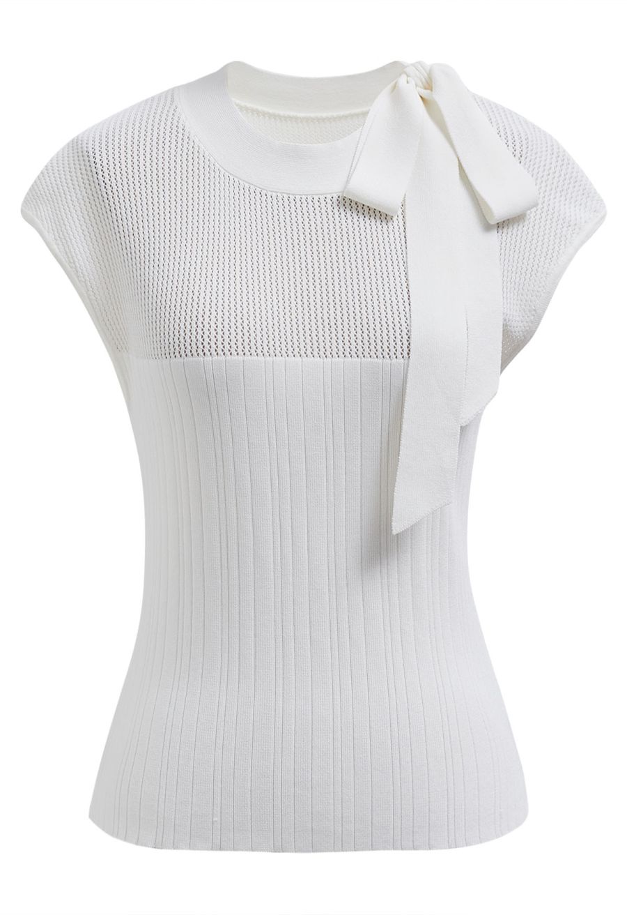 Bowknot Neck Sleeveless Knit Top in White