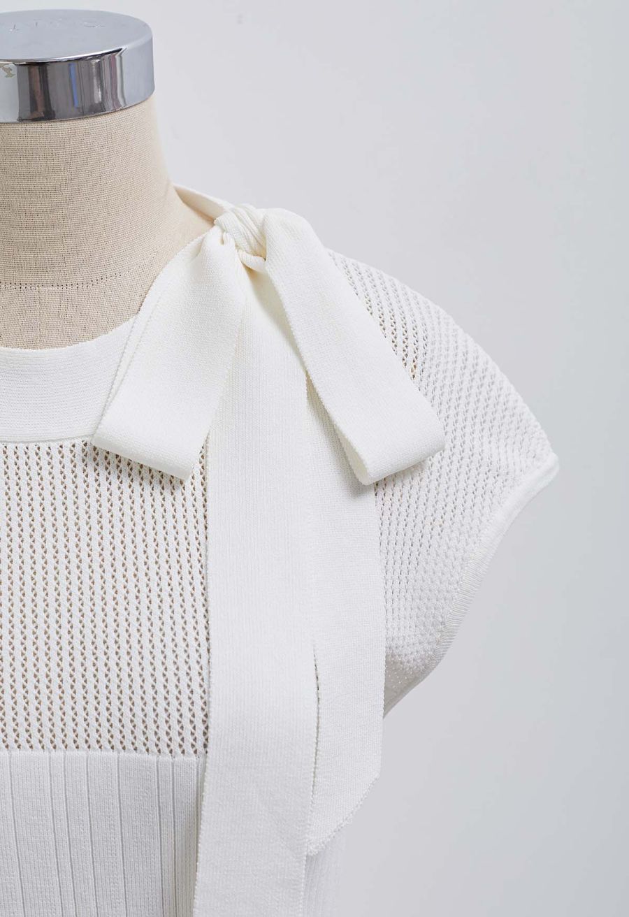 Bowknot Neck Sleeveless Knit Top in White
