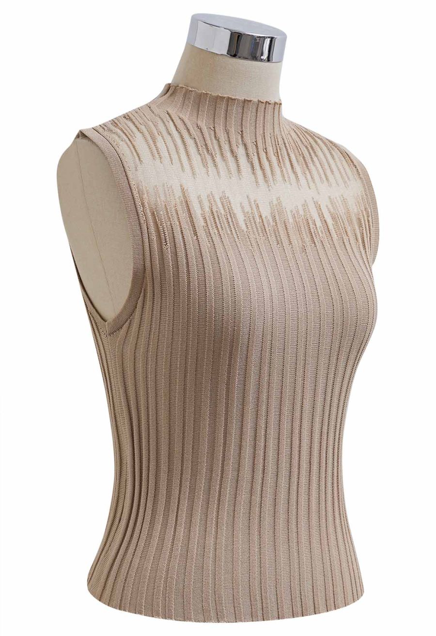 Mesh Inserted Mock Neck Ribbed Knit Tank Top in Tan