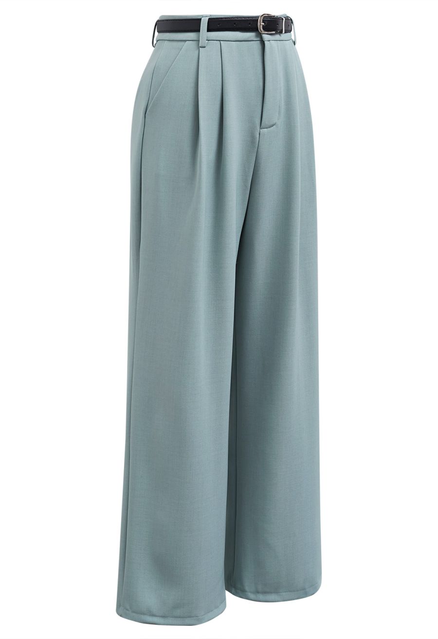 Tailored Straight Leg Belted Pants in Turquoise
