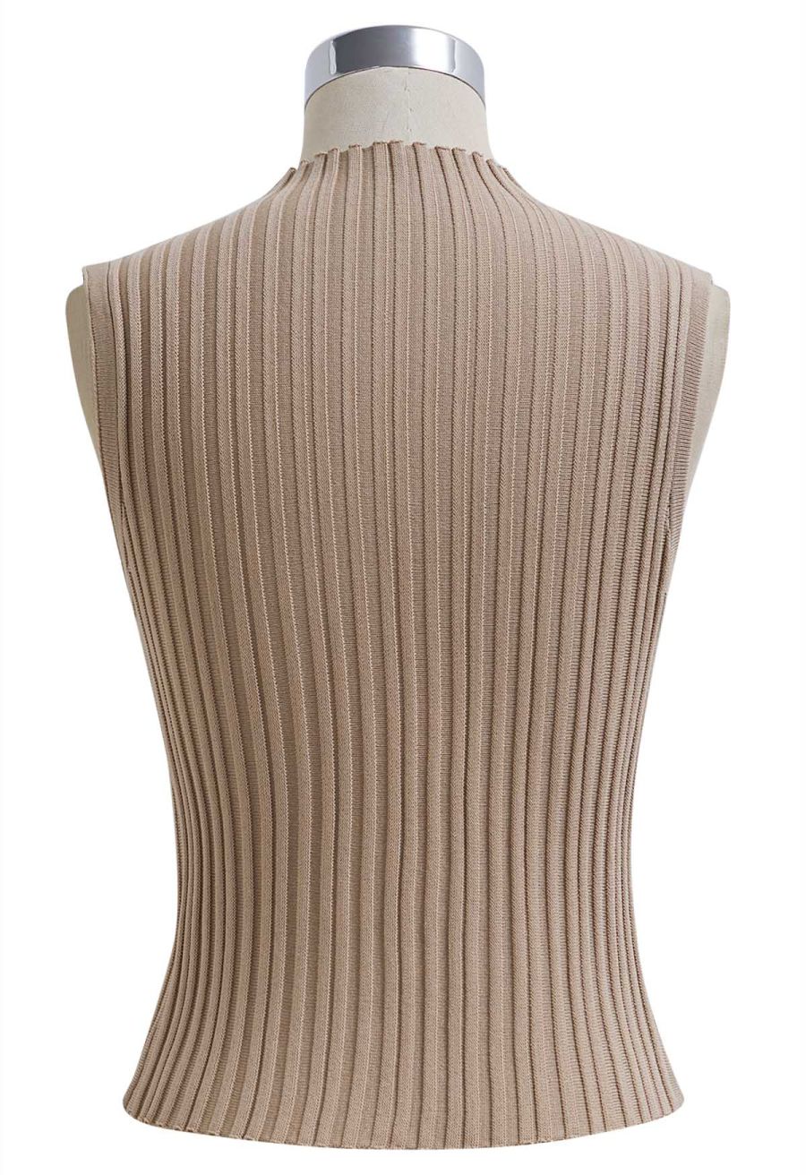 Mesh Inserted Mock Neck Ribbed Knit Tank Top in Tan