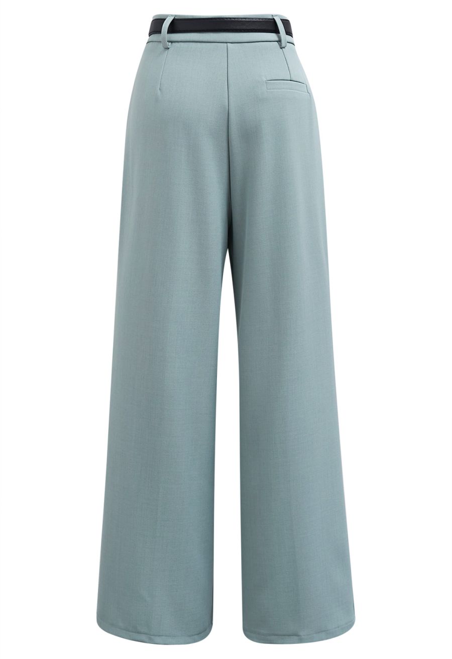 Tailored Straight Leg Belted Pants in Turquoise