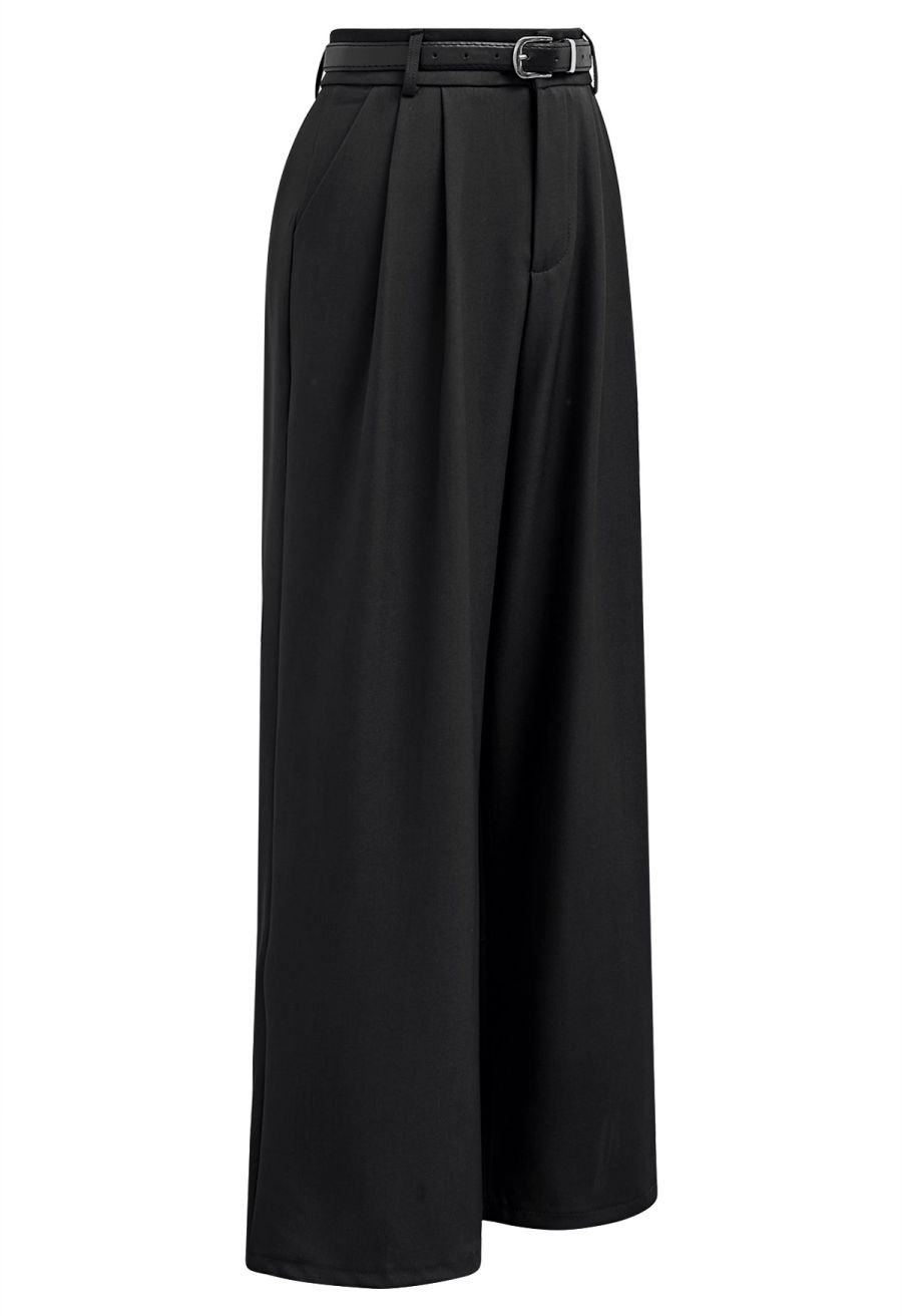 Tailored Straight Leg Belted Pants in Black