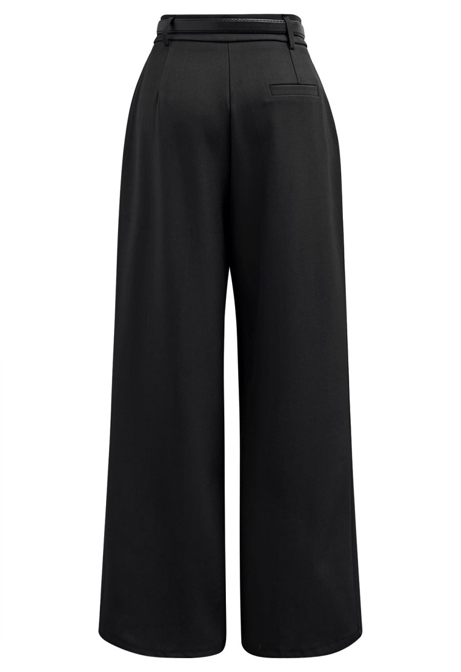 Tailored Straight Leg Belted Pants in Black