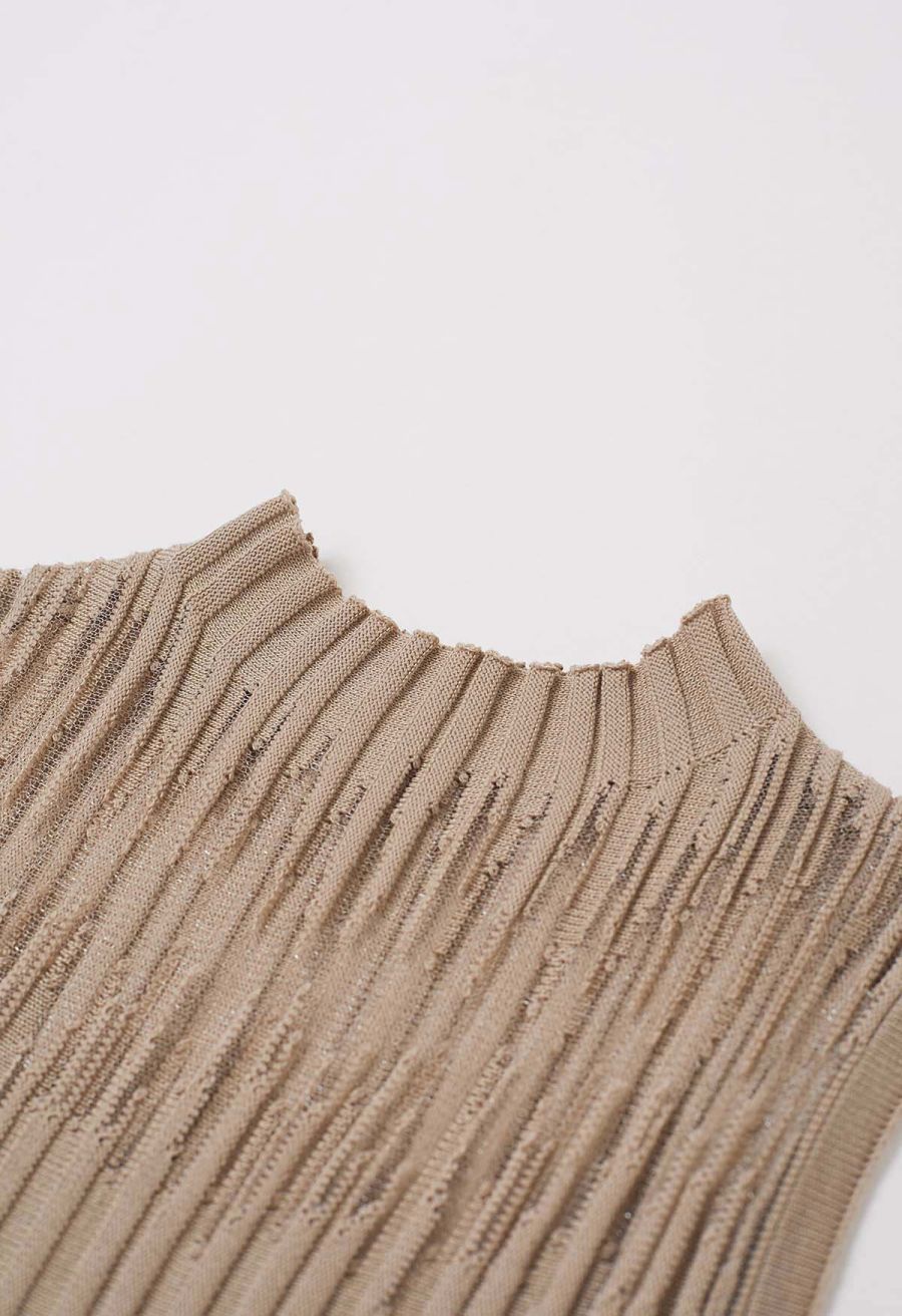 Mesh Inserted Mock Neck Ribbed Knit Tank Top in Tan