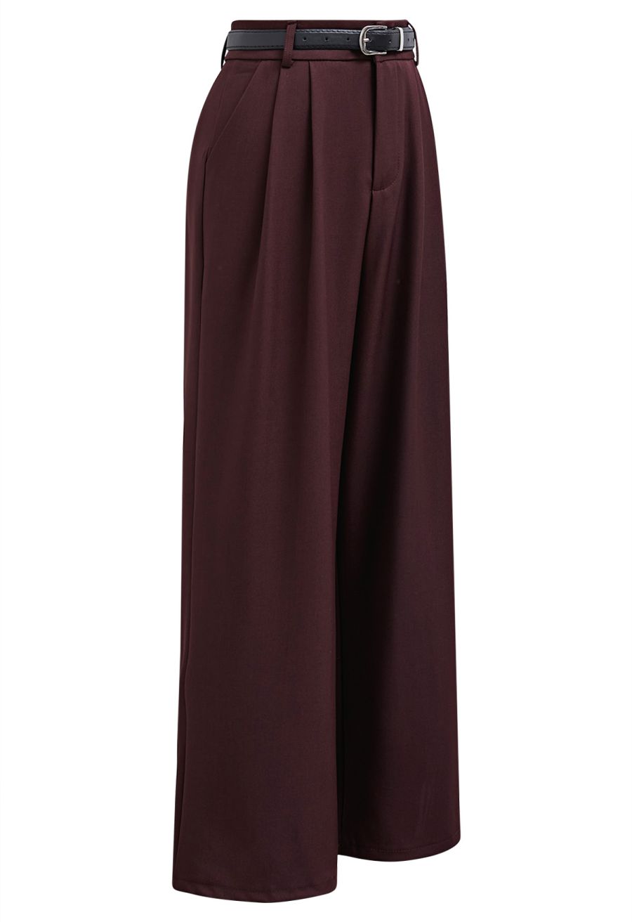 Tailored Straight Leg Belted Pants in Plum