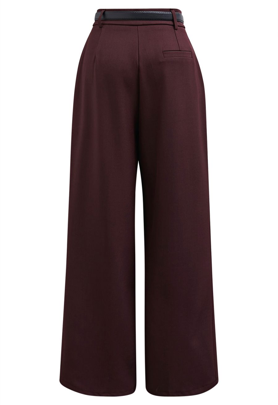 Tailored Straight Leg Belted Pants in Plum
