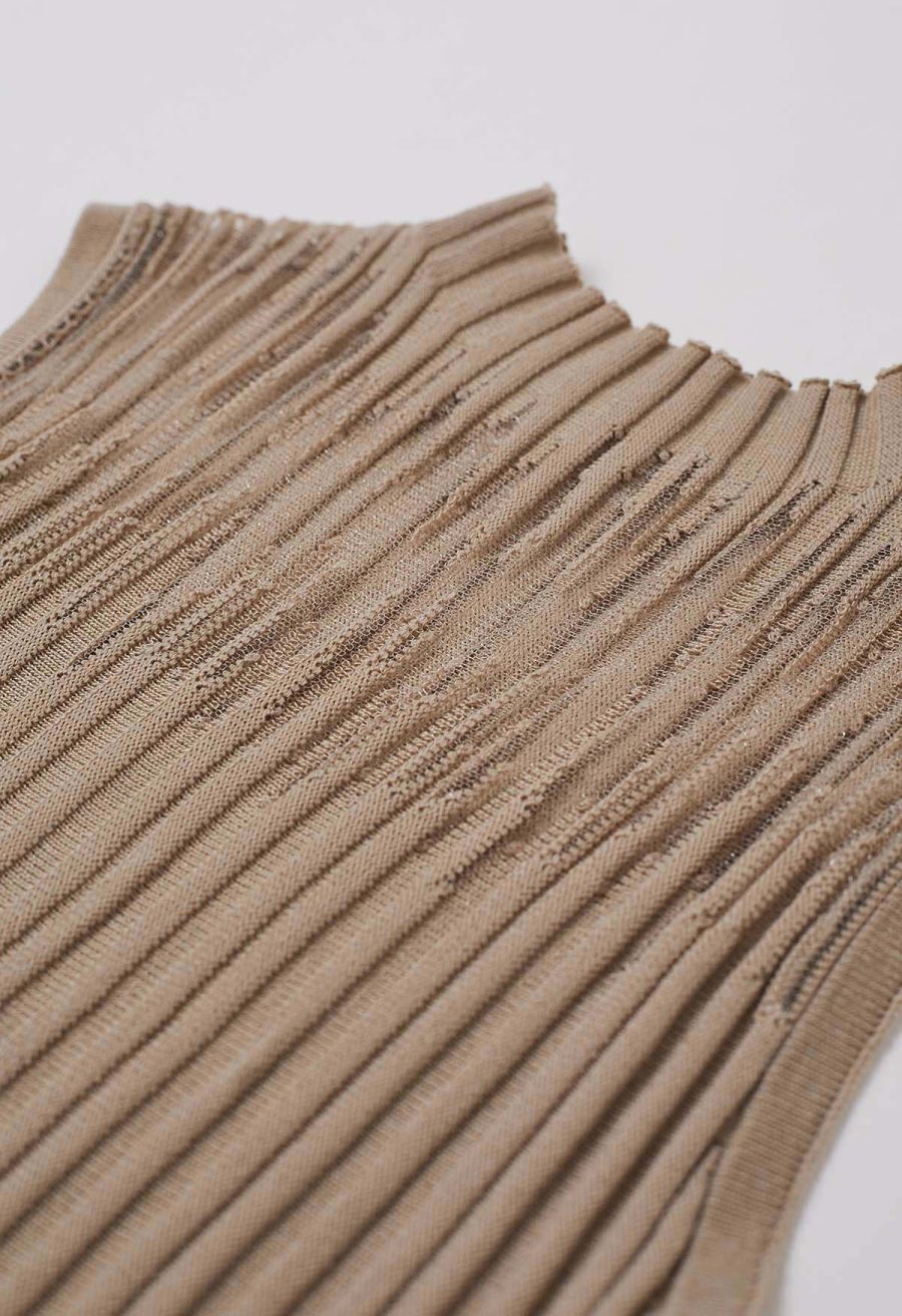 Mesh Inserted Mock Neck Ribbed Knit Tank Top in Tan
